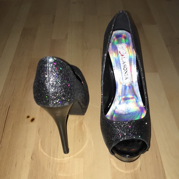 ✨ Black Glitter Peep Toe Heels - Picture 2 of 4
